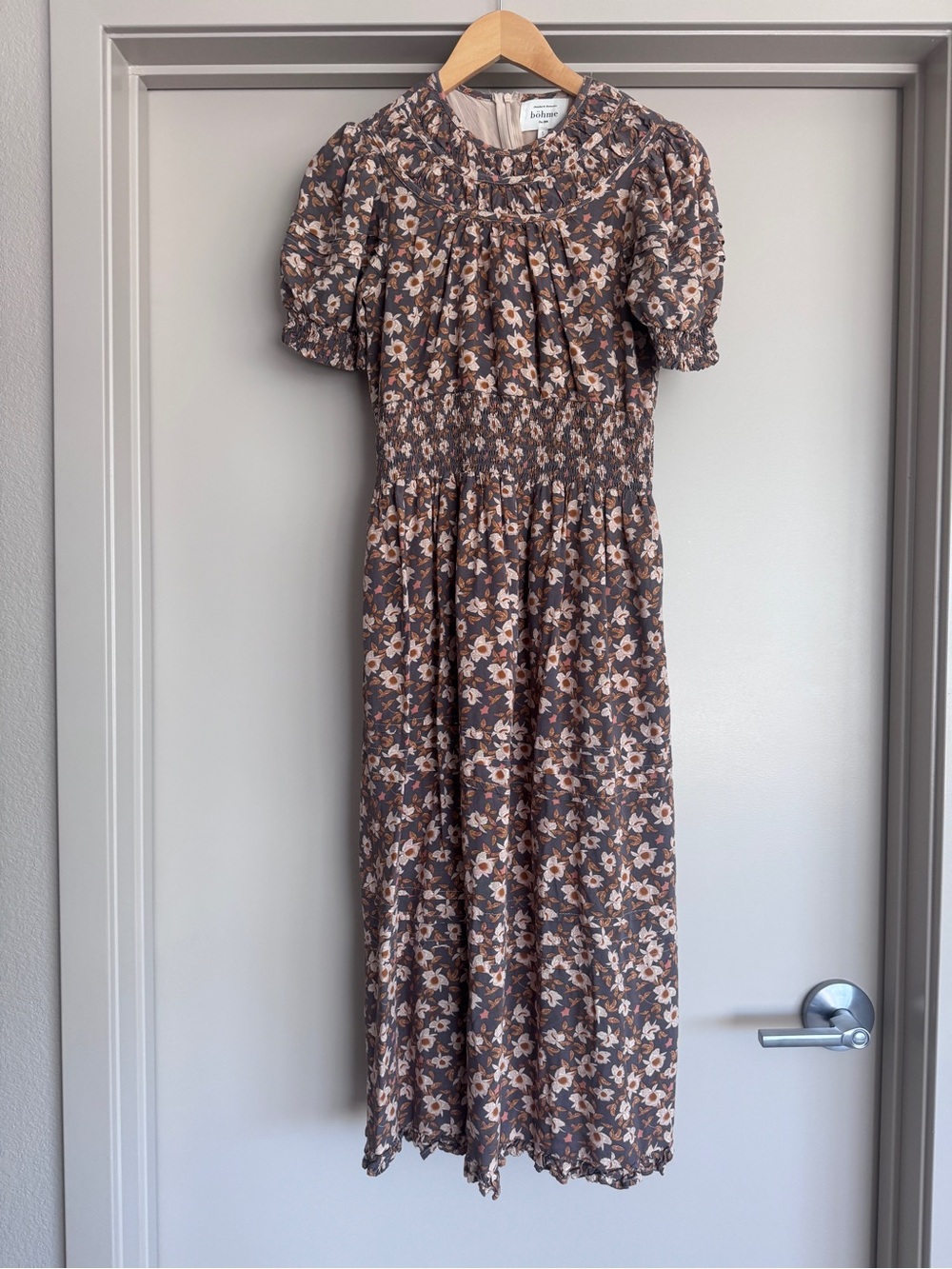 Böhme Floral Smocked Waist Puff Sleeve Maxi Dress Size S Boho
